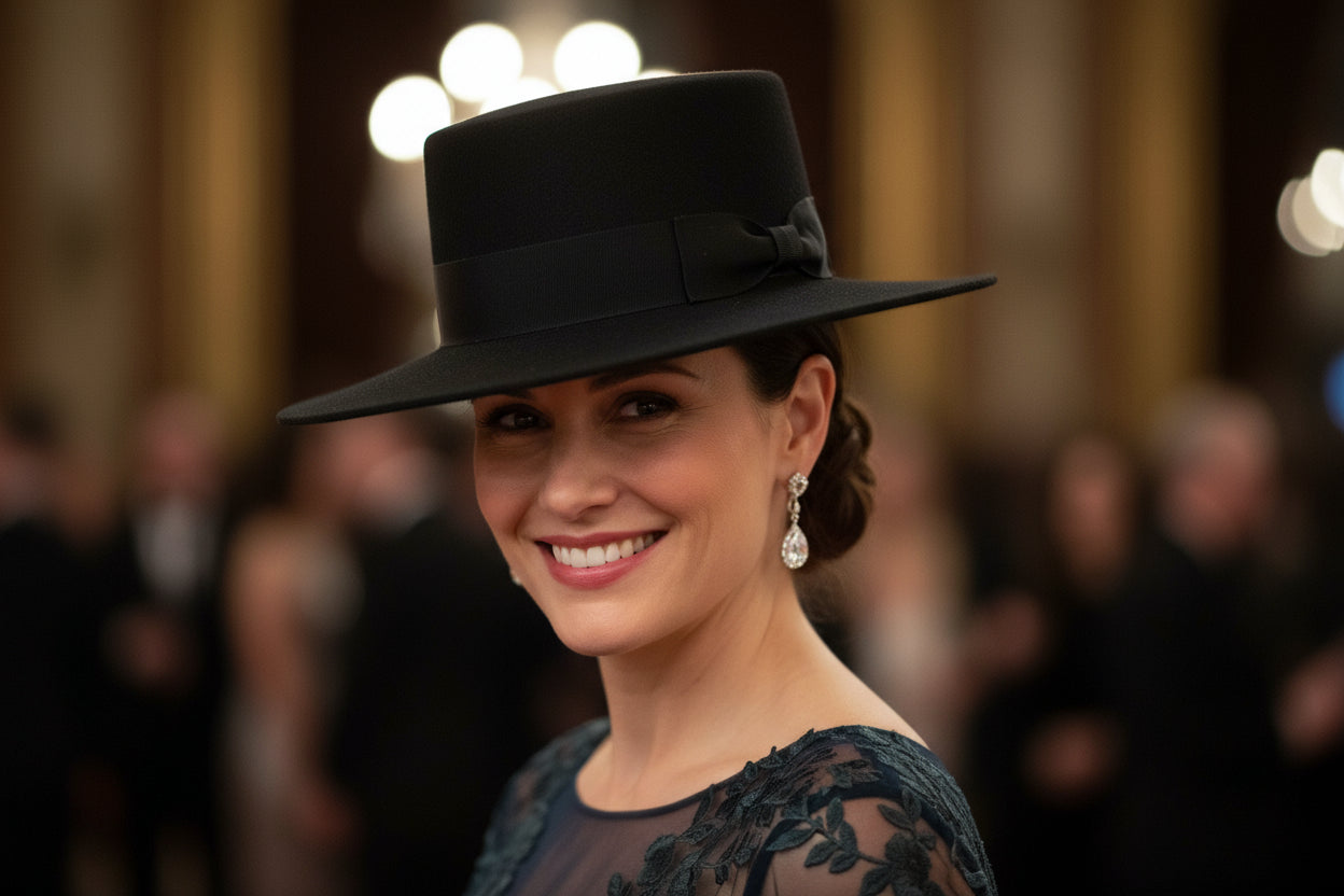 Styled Look – Formal Outfit with Black Wide Brim Pork Pie Hat - Novella Hats Model Wearing this Elegant 100 wool Spanish hat