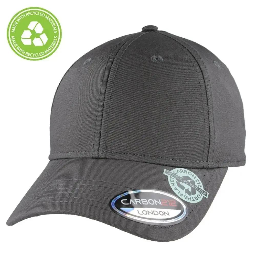 Black eco-friendly recycled cotton baseball cap by Carbon212. Made from 60% recycled cotton, this cap features a pre-curved visor, buckle closure, and cotton sweatband. One size fits all. The recycled cotton baseball cap by Carbon212 is a sustainable and stylish choice for any season. Made from 60% recycled cotton