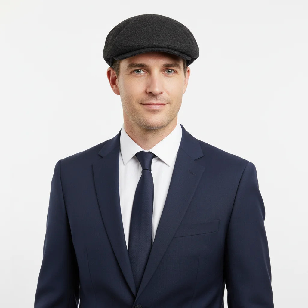 A premium black wool grandad-style flat cap offering warmth, comfort, and timeless everyday appeal—perfect for smart or casual outfits.
