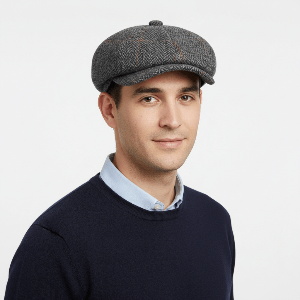 Italian Wool Newsboy Cap in Charcoal. Handcrafted from 100% Italian Wool with a vintage look. Available in multiple sizes. Order now for timeless style!