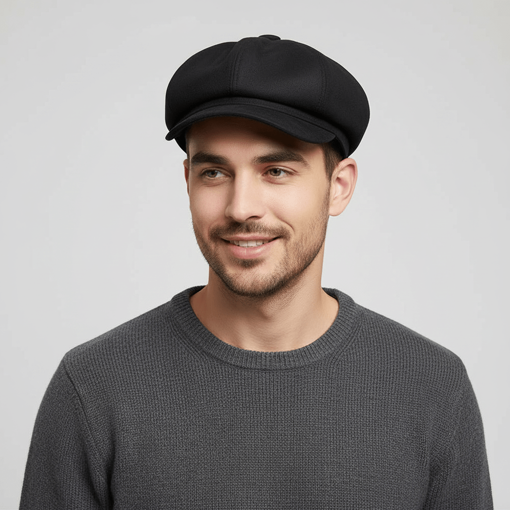 Embrace the timeless elegance and craftsmanship of this genuine Black Leather Newsboy Cap, also known as a cabbie cap, perfect for adding a touch of sophistication to any outfit.