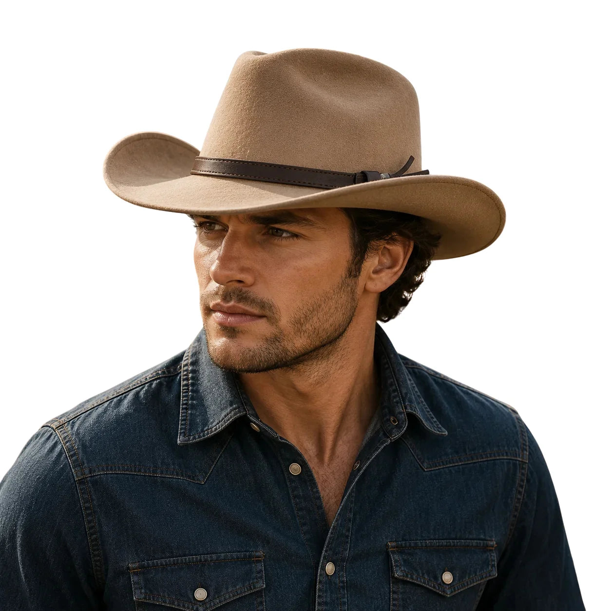 The Cattleman Western American Cowboy Hat is a timeless piece that perfectly blends style and functionality. Crafted from 100% wool felt, this hat features a black and brown leather concho band, adding a touch of elegance to its rugged design.

Hat Details:

Material: 100% Wool Felt
Style: Stiff Wide Brim (approximately 8cm)
Crown: Centre Dent Crown (approximately 11cm)
Sweatband: Comfortable Cotton
Unlined
Colour: Sand, Black &amp; Brown
Handmade