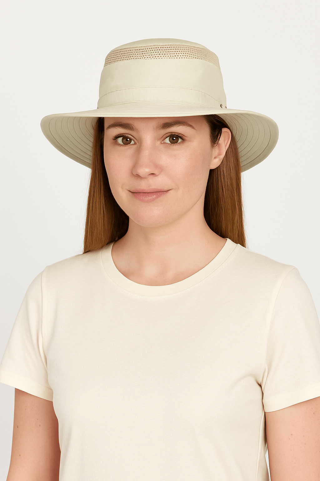 7.	Model wearing Airflo packable sun hat outdoors in natural colour