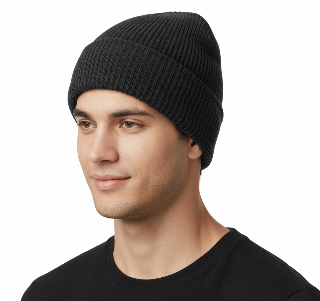 Classic Black Beanie Hat. Designed to fit all sizes and genders, this beanie is the perfect accessory to keep you warm during the chilly months. Made from high-quality materials, it ensures durability and comfort.