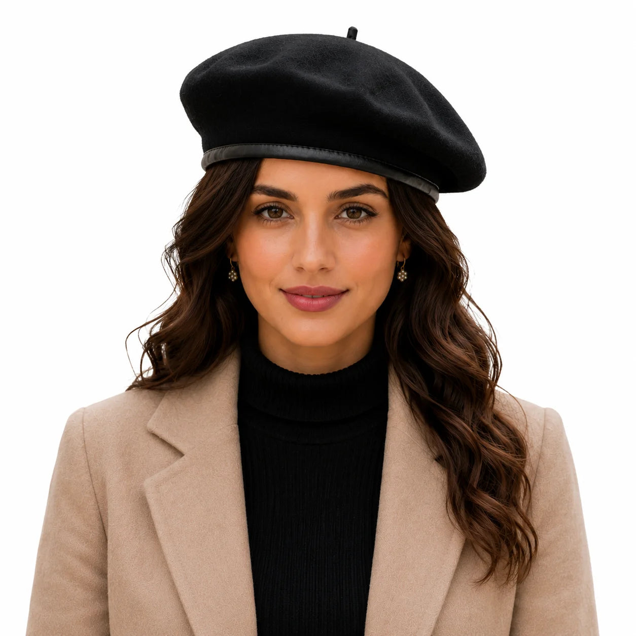 Woman wearing a black beret and beige coat on a white background