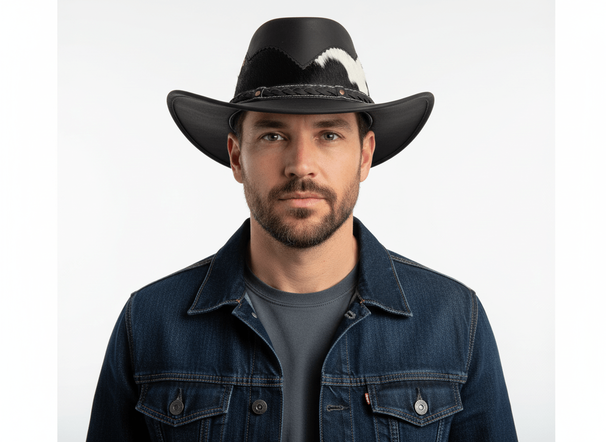 Handcrafted genuine leather cowboy hat with unique cow fur detail. Features 11cm crown, 7.5cm brim, and studded leather band. Available in Black, Brown, and White, sizes 55-60cm. Includes waterproof construction and leather sweatband. Combines authentic Western heritage with modern functionality.