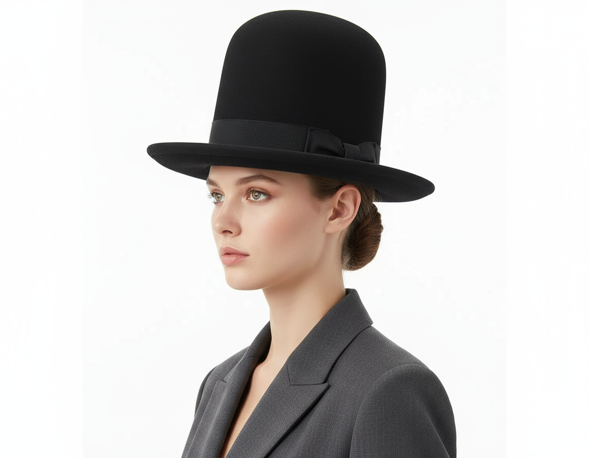 Black Handmade Oversized Tall Hat. Premium 100% wool construction with superior comfort. One size fits most, featuring an adjustable inner Velcro strap. Wrapped with a ribbon band and side bow. Available in Black, Burgundy, Teal, Mustard-Yellow, Camel-Brown, Royal-Blue. Unmatched quality for a timeless, unique look.