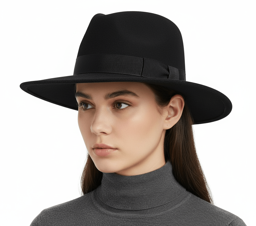 Black Handmade Wide Brim Wool Felt Fedora Hat. Crafted from 100% premium wool for unmatched quality and superior comfort. Features a grosgrain ribbon for classic appeal.