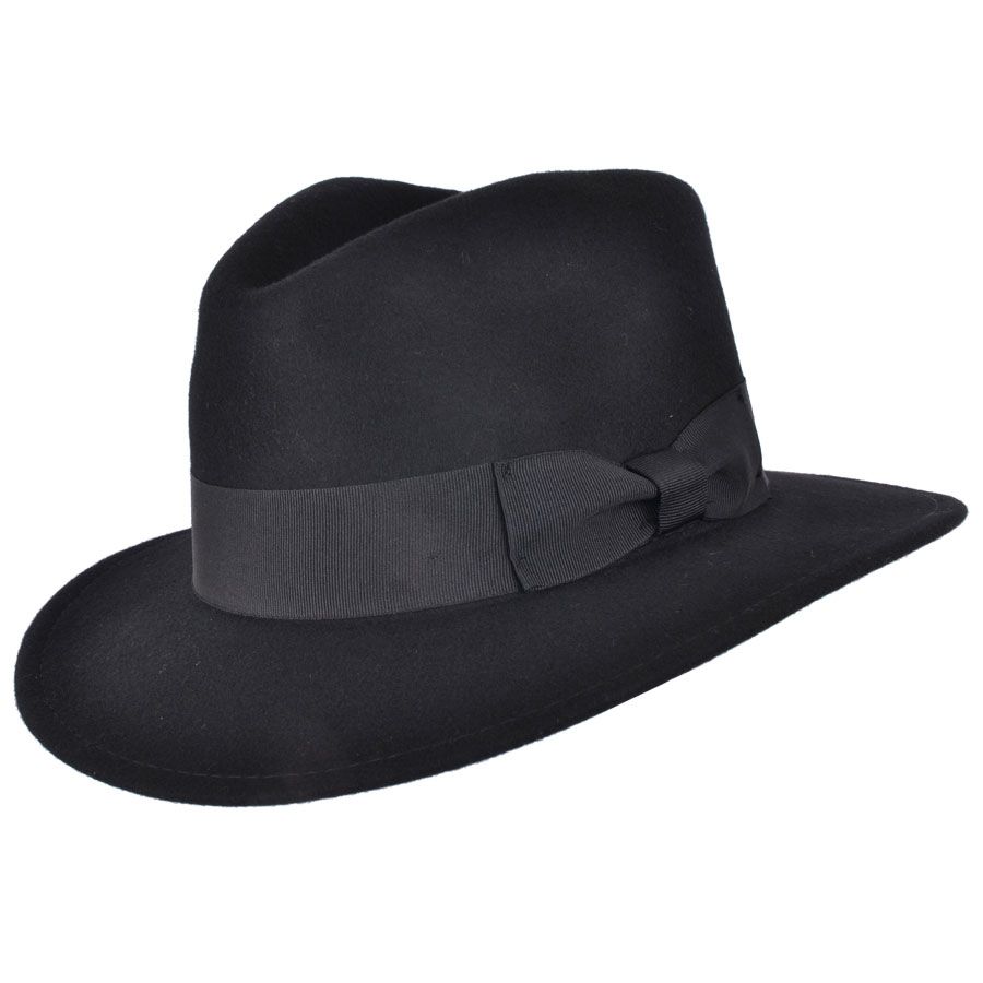 Wool Fedora Hat with Grosgrain Band. Handmade, 100% wool, with a 7cm wide brim and 11cm high crown. Features a comfortable cotton sweatband and black belt band. Packable and versatile. Available in all sizes. Key Features: Material: 100% Wool Style: Wide Brim Fedora Sweatband: Comfortable Cotton Brim 