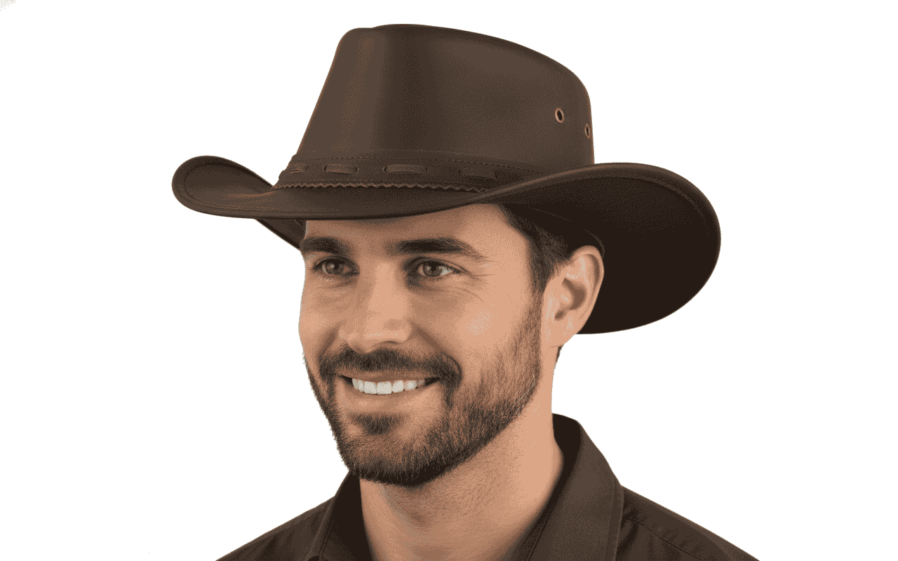Authentic leather cowboy hat in classic Black or Dark Brown. Features traditional pinched crown, wide protective brim, and premium leather construction that ages beautifully. Available in sizes 55-60cm. Perfect for ranch work, festivals, and outdoor adventures. Genuine leather that gets better with age.
