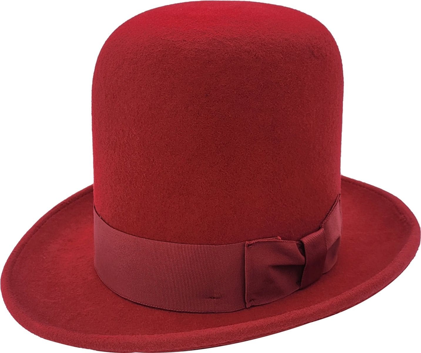 A dramatic 20cm high crown bowler hat handcrafted from 100% luxury wool. This oversized tall bowler features adjustable Velcro fit and elegant ribbon detail. Available in six colors: Black, Burgundy, Teal, Mustard Yellow, Camel Brown, and Royal Blue. A bold theatrical statement piece.