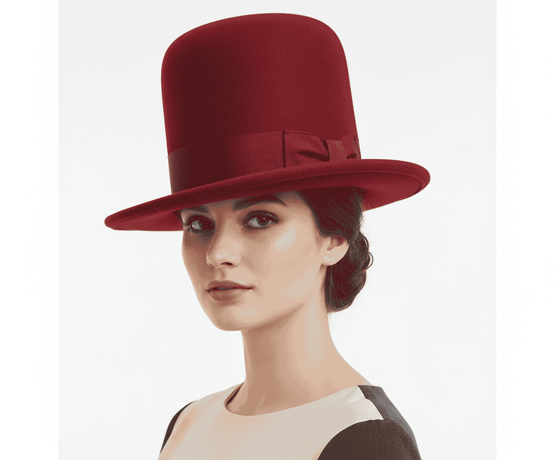 Red elegant 20cm high crown bowler hat handcrafted from 100% luxury wool. 