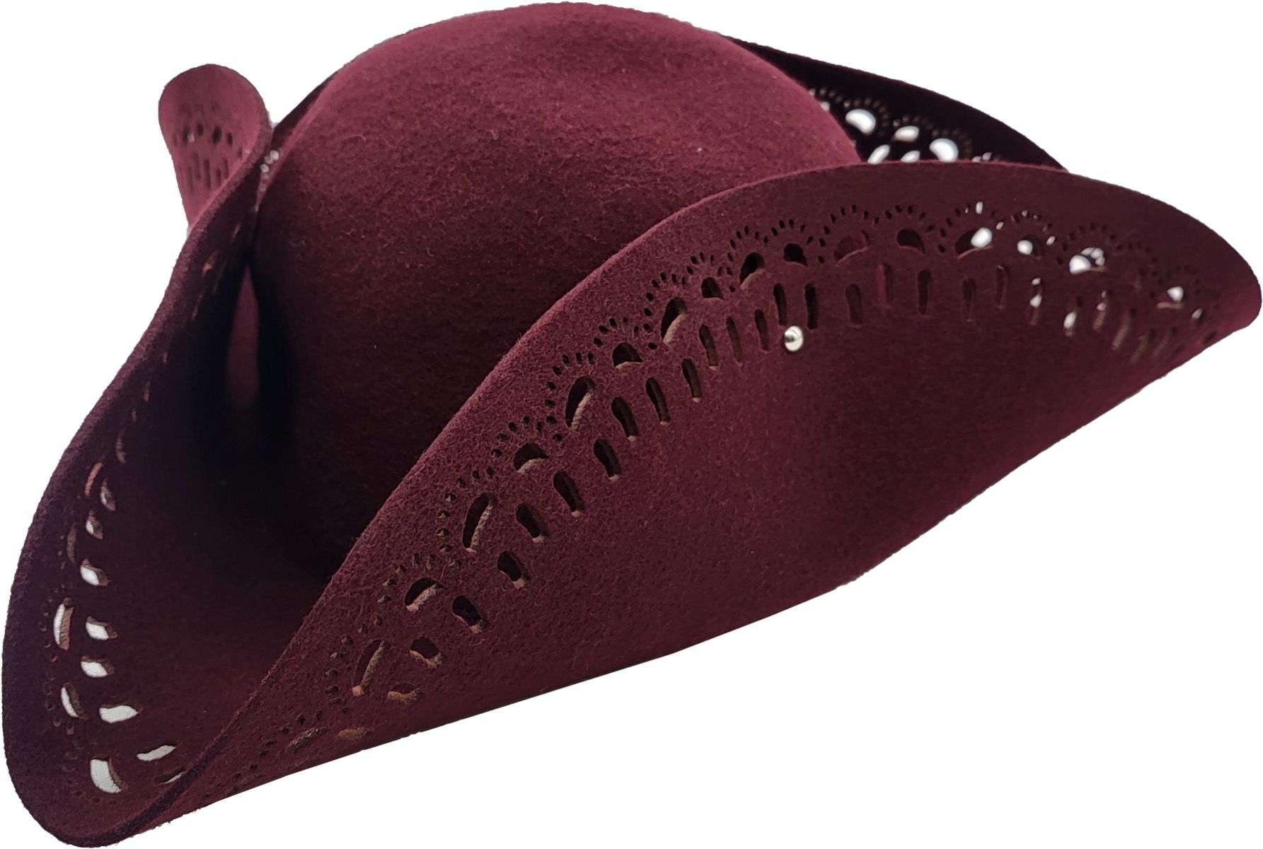 One-size Pirate Tricorn Hat for all. Ideal for Halloween, carnival, theatre. Black & Burgundy. Lightweight, comfortable. Perfect for pirate themes, photo shoots.