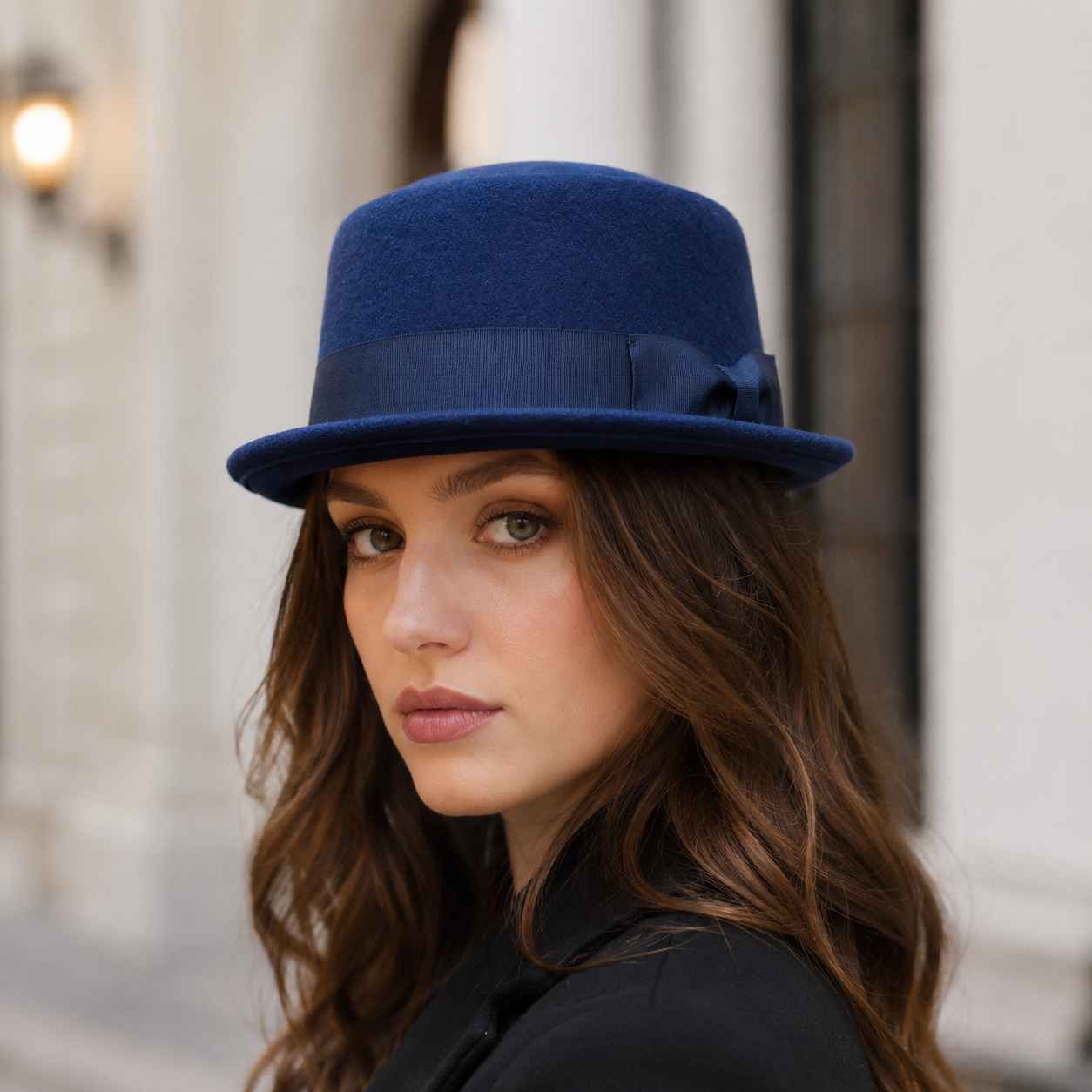 Navy Crushable Wool Felt Pork Pie Hat Flat Top Grosgrain Band