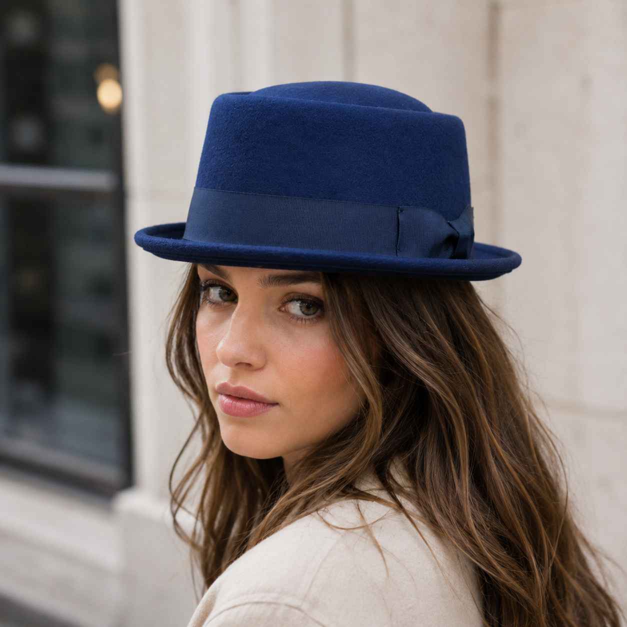Navy Crushable Wool Felt Pork Pie Hat Flat Top Grosgrain Band