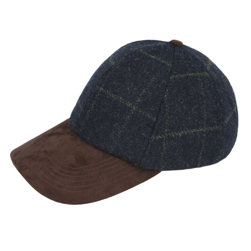 Front view of checked tweed baseball cap with brown suede peak by Novella Hats