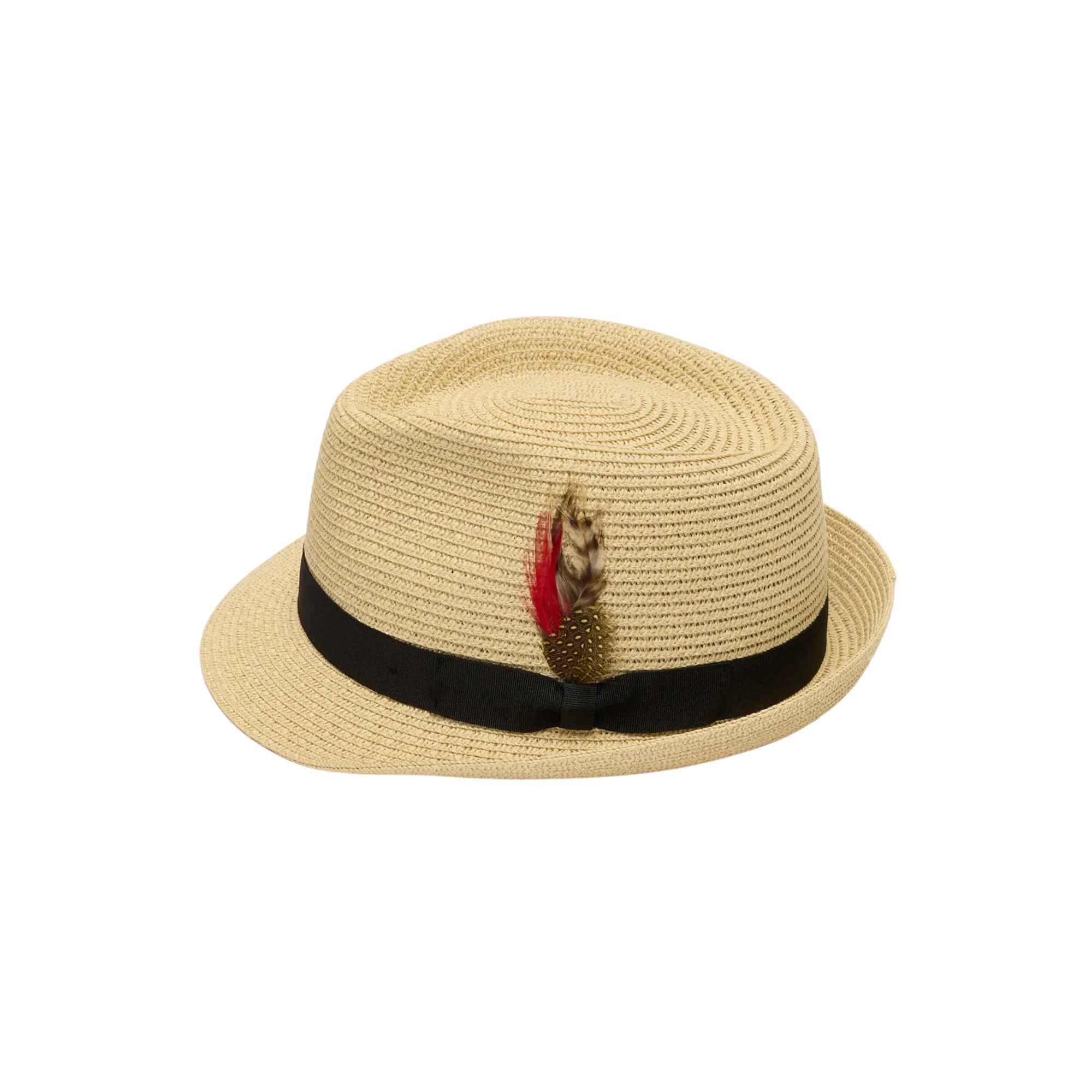 Beige straw hat with a black band and feather on a white background