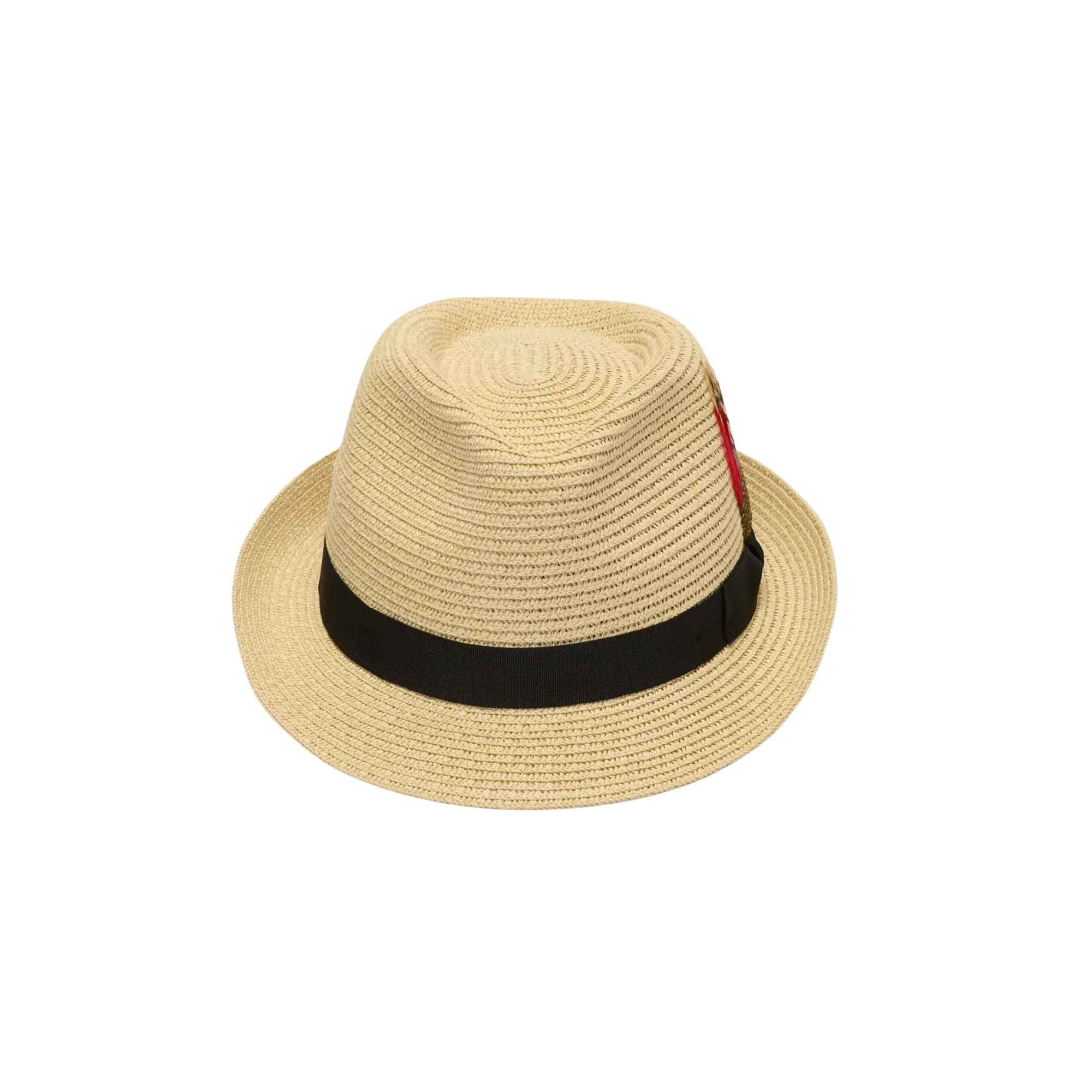 Beige straw hat with a black band on a white background