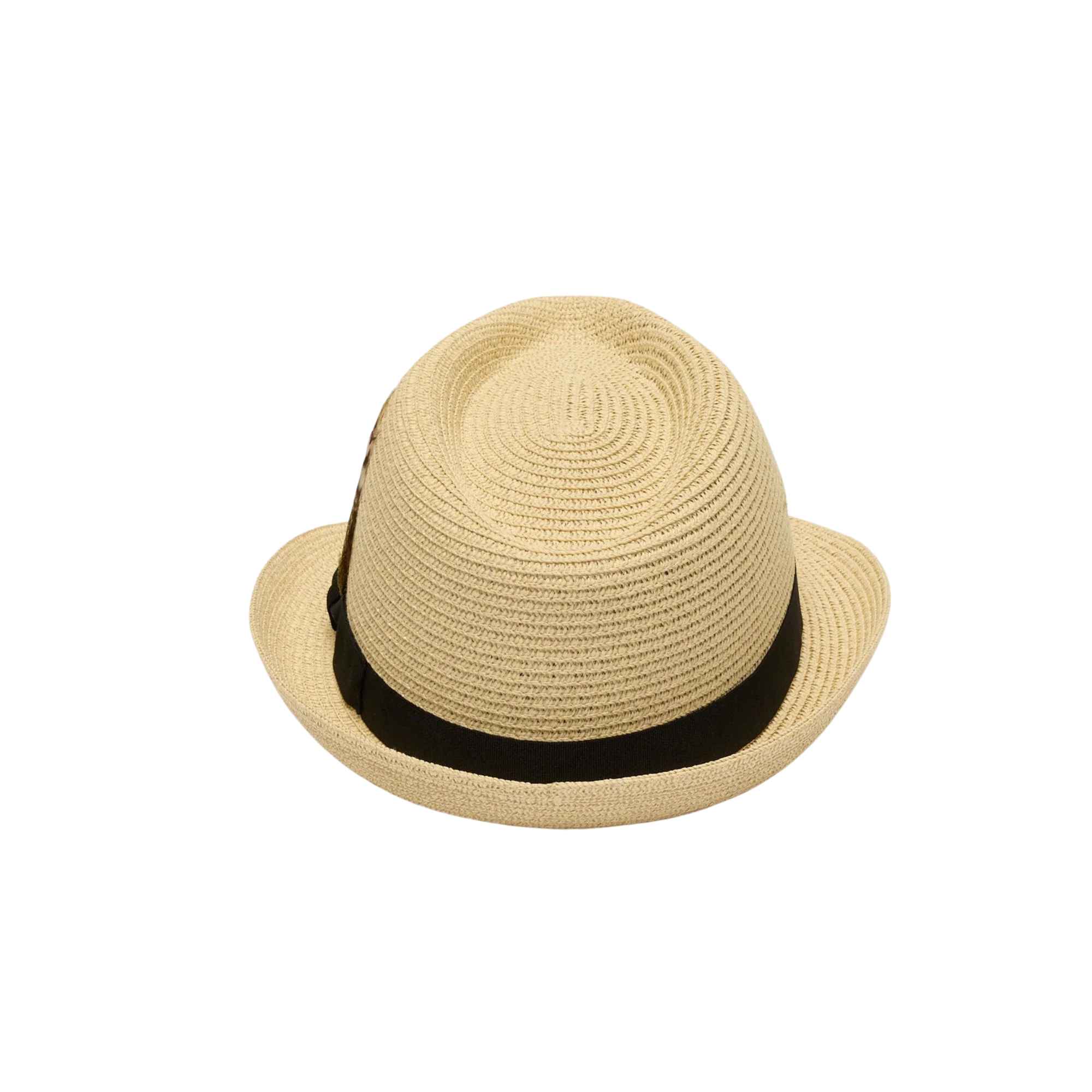 Beige straw hat with a black band on a white background