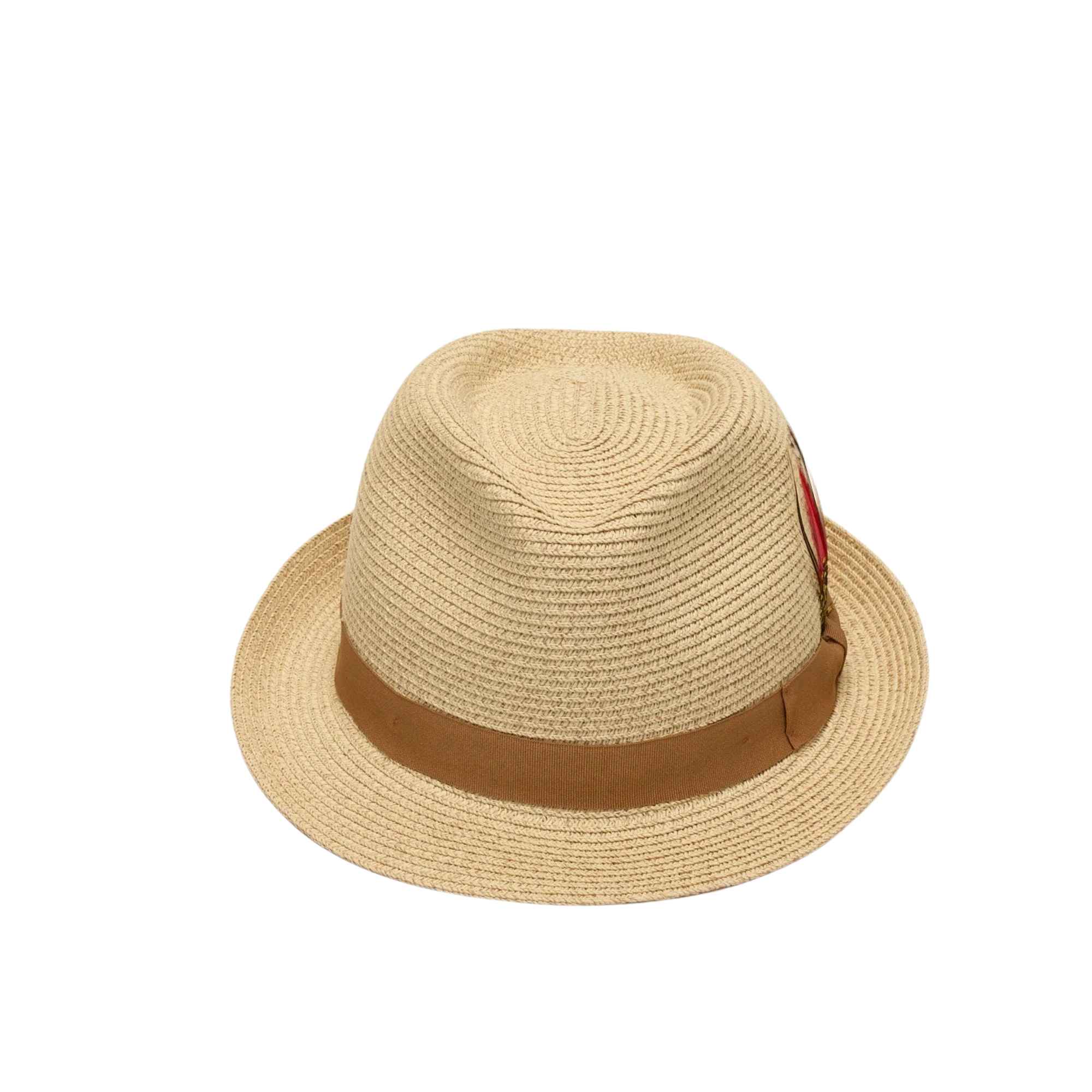 Beige straw hat with a brown band on a white background