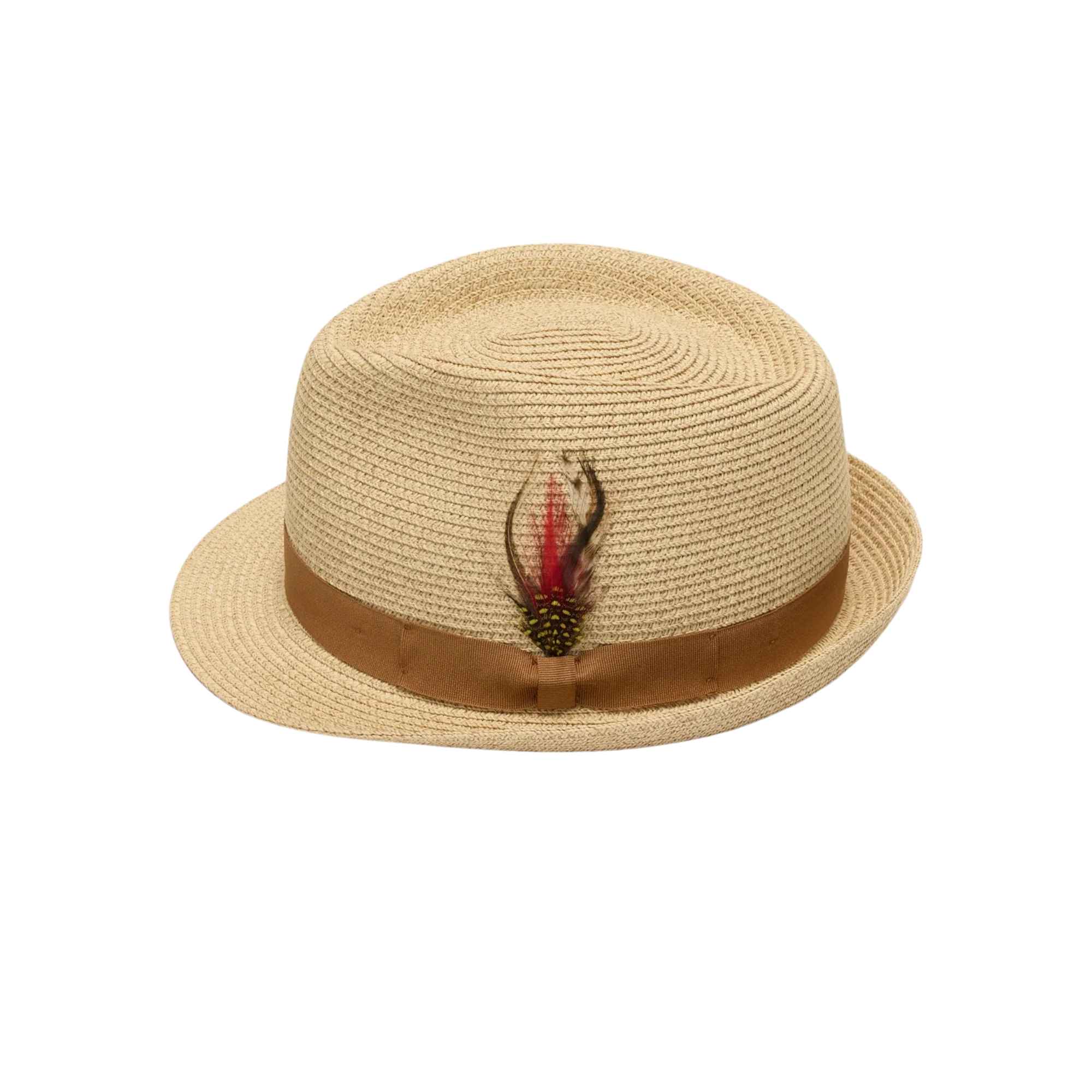 Beige straw hat with a brown band and feather decoration on a white background