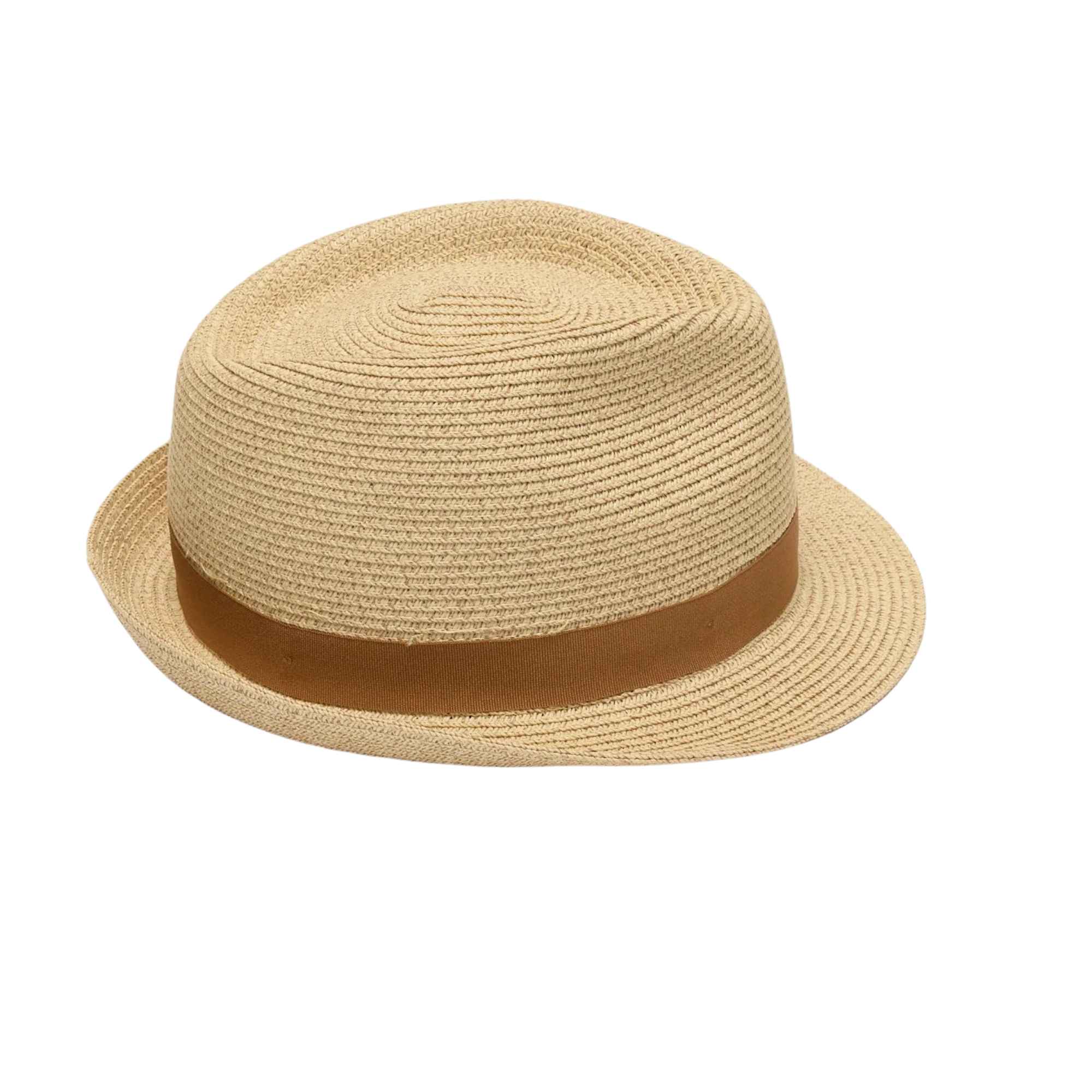 Beige straw hat with a brown band on a white background