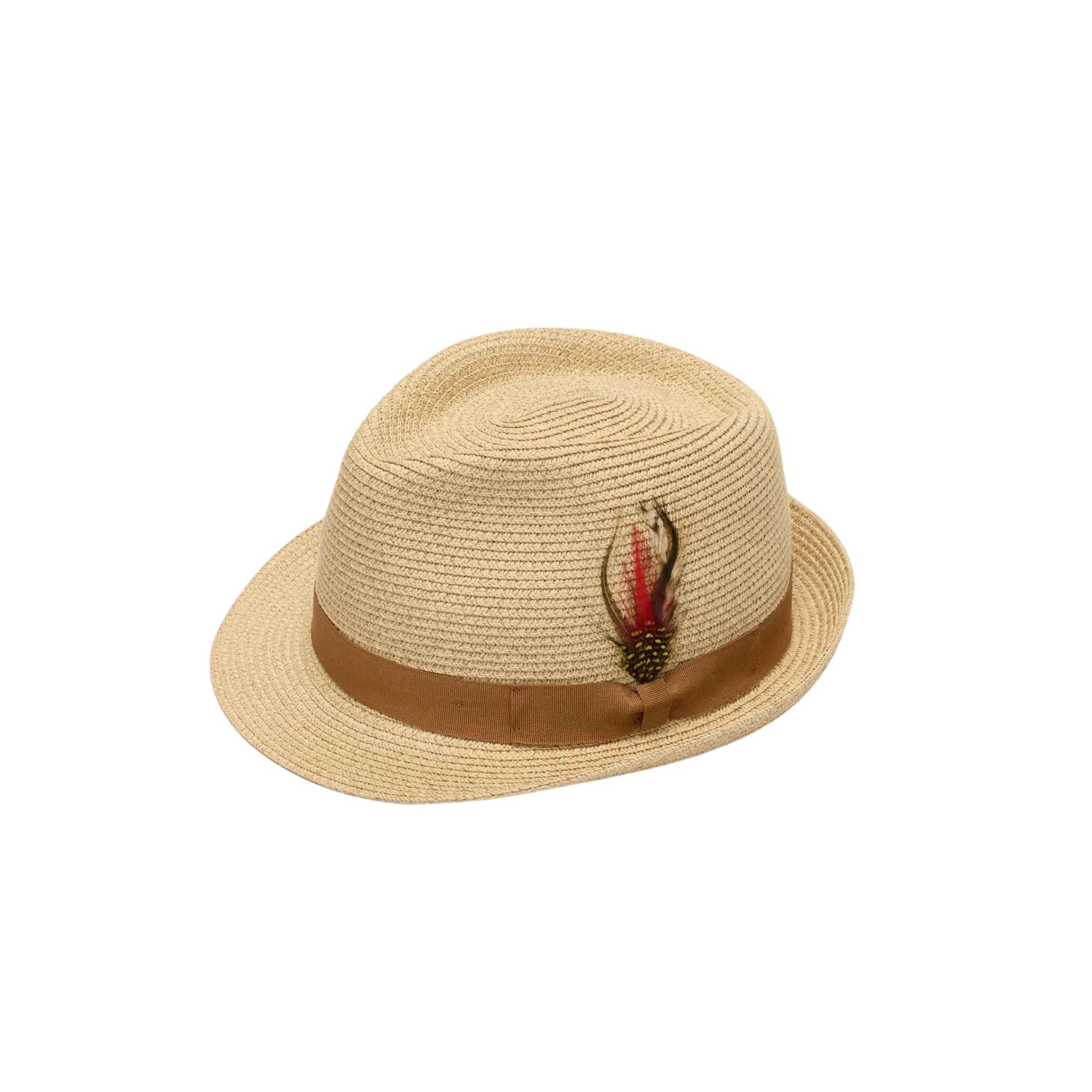 Beige straw hat with a brown band and feather decoration on a white background