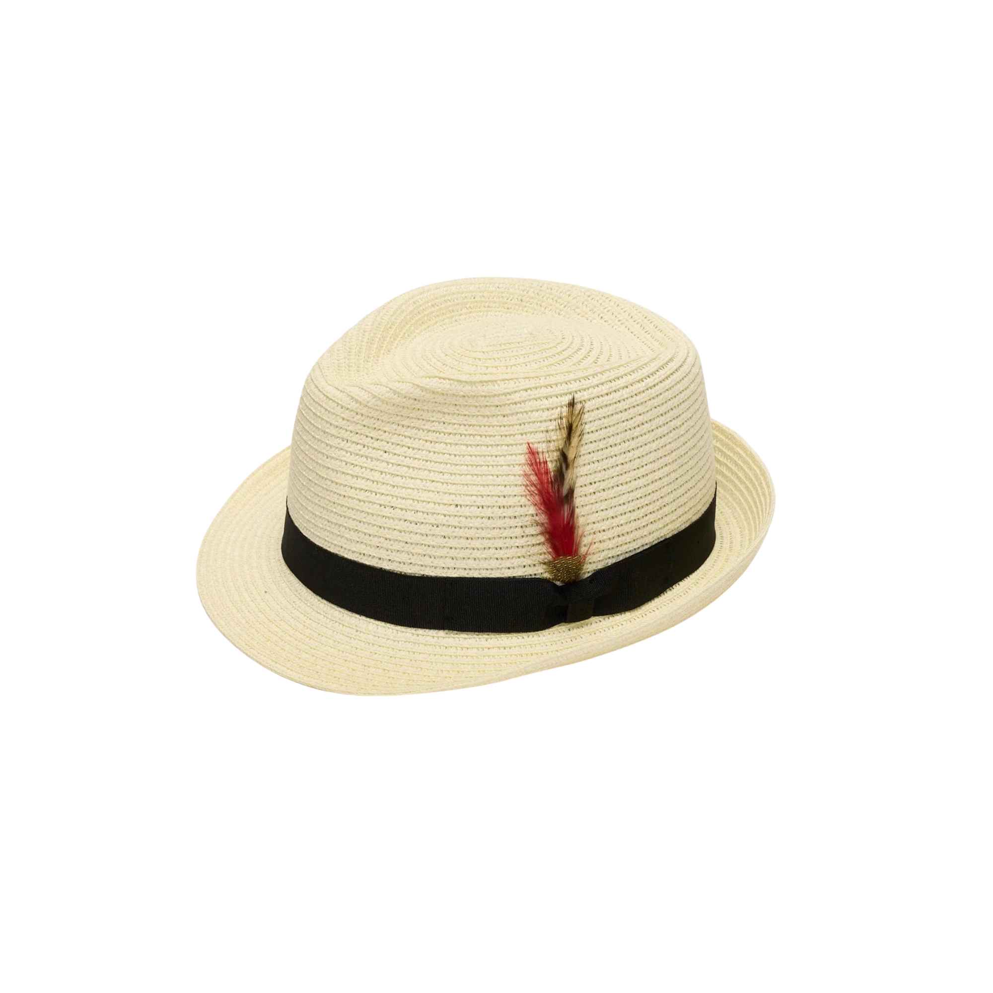 Beige straw hat with a black band and red feather on a white background