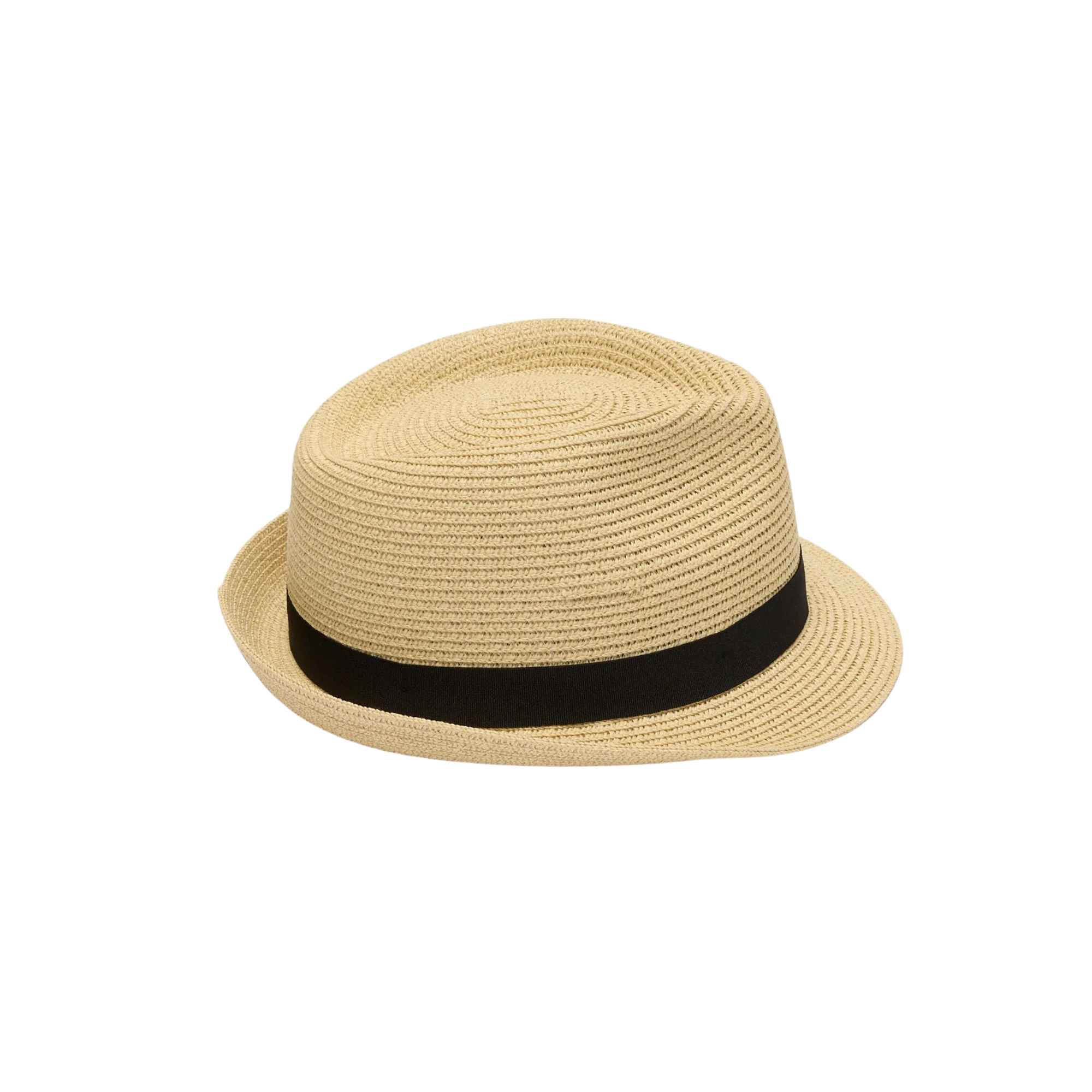 Beige straw hat with a black band on a white background