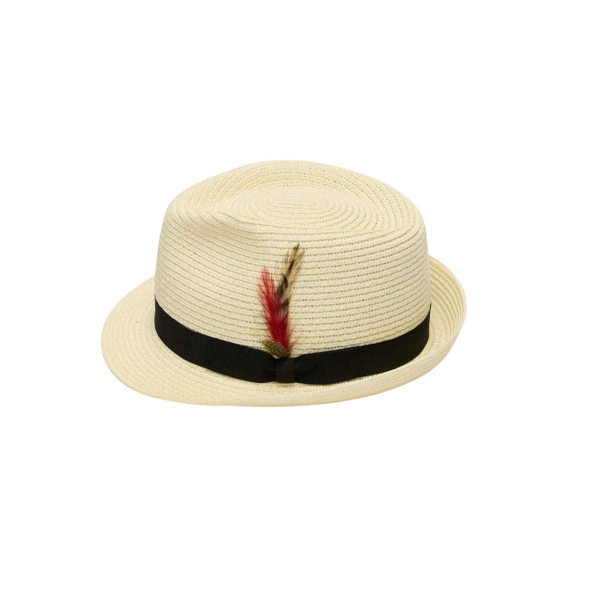 Beige straw hat with a black band and red feather on a white background