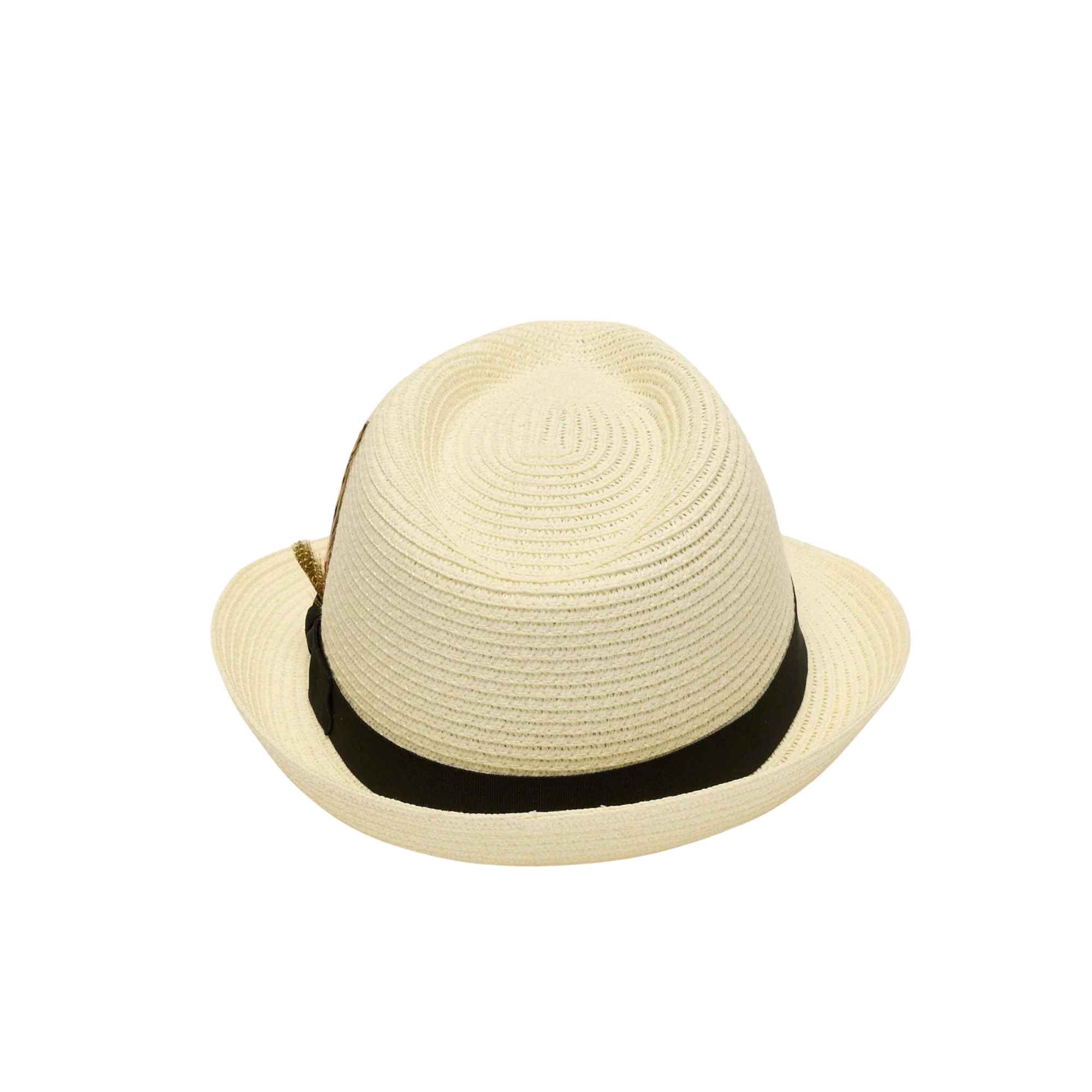 Beige straw hat with a black band on a white background