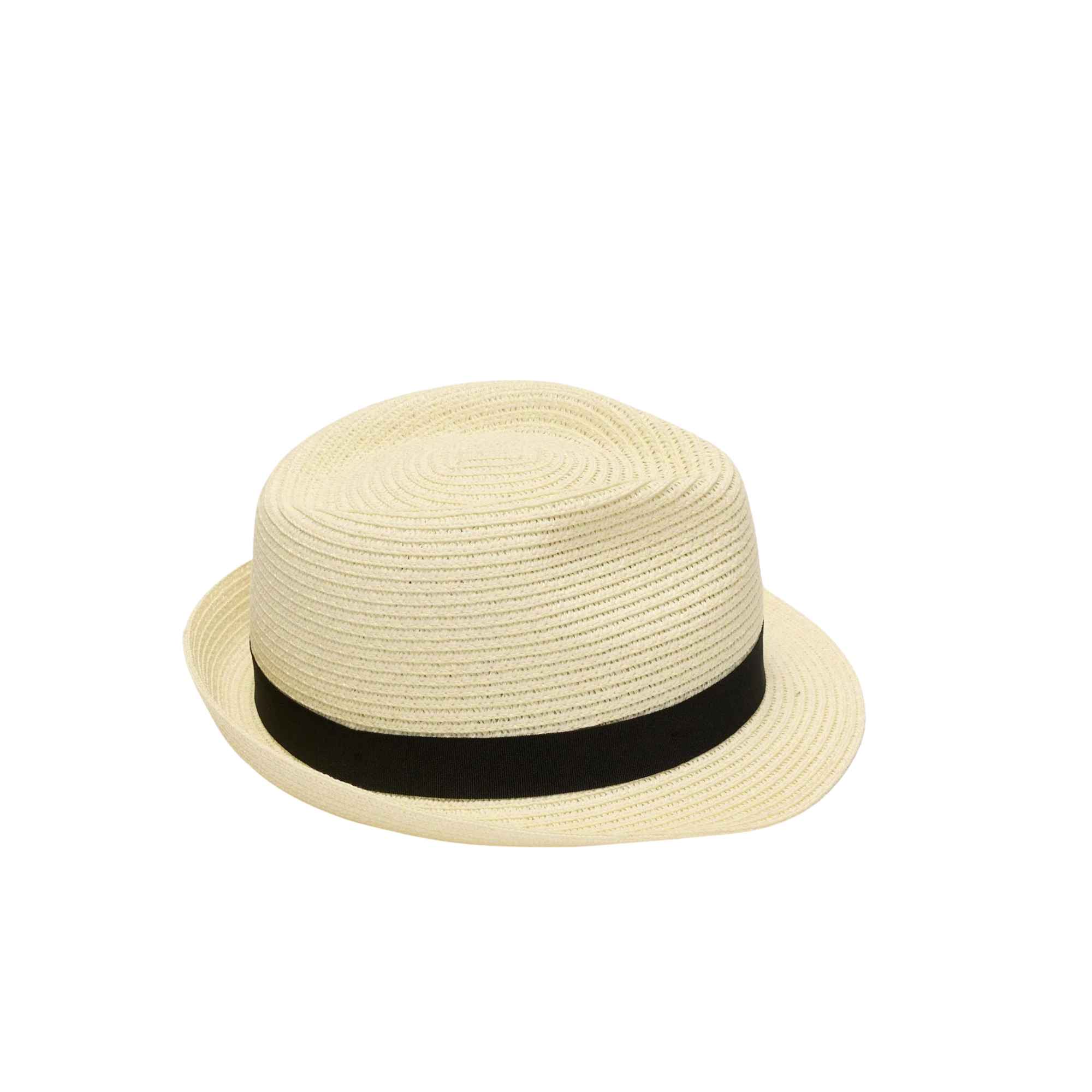 Beige straw hat with a black band on a white background