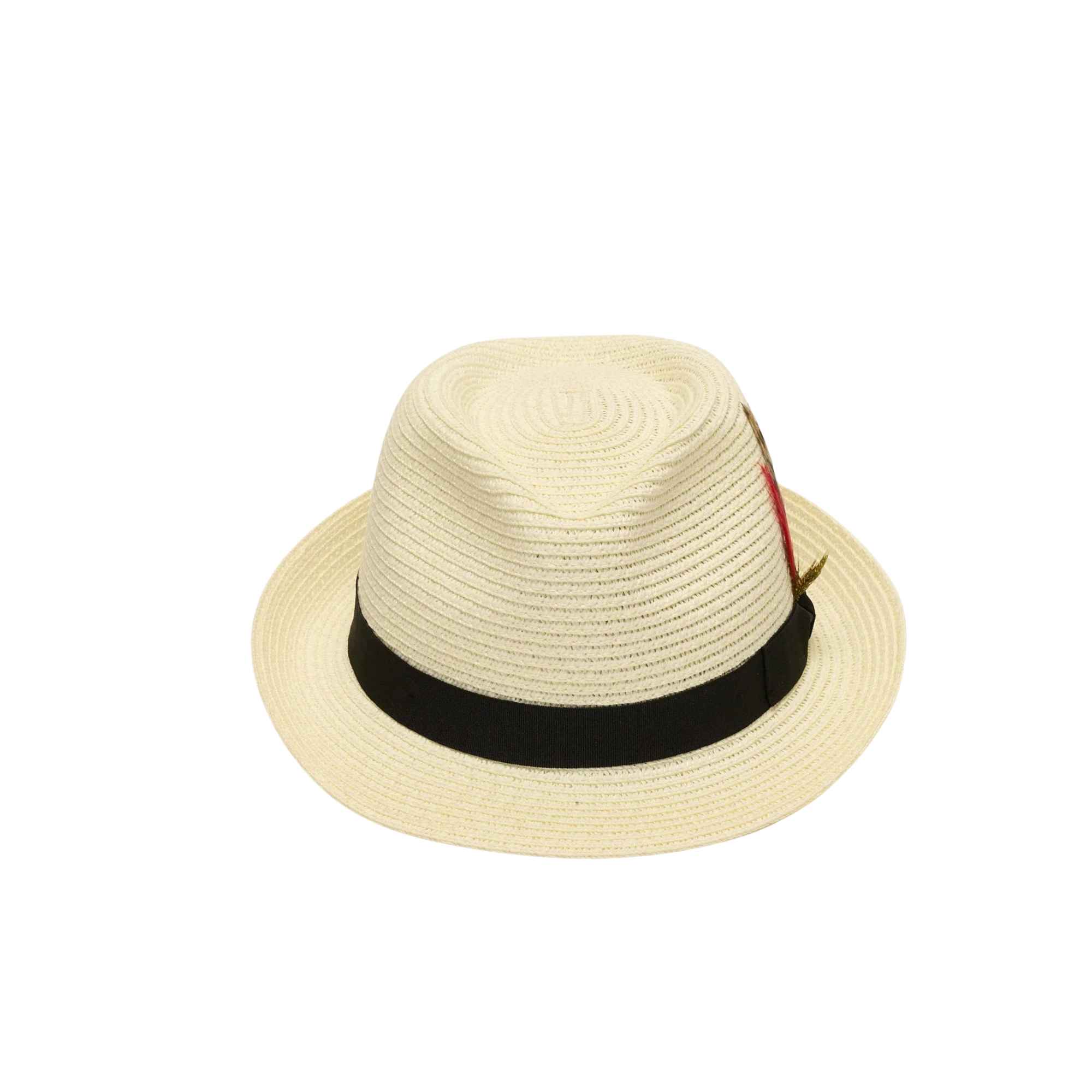 Beige straw hat with a black band and red ribbon on a white background