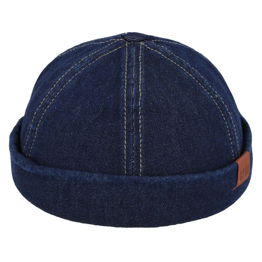Blue denim beanie with brown leather patch on a white background