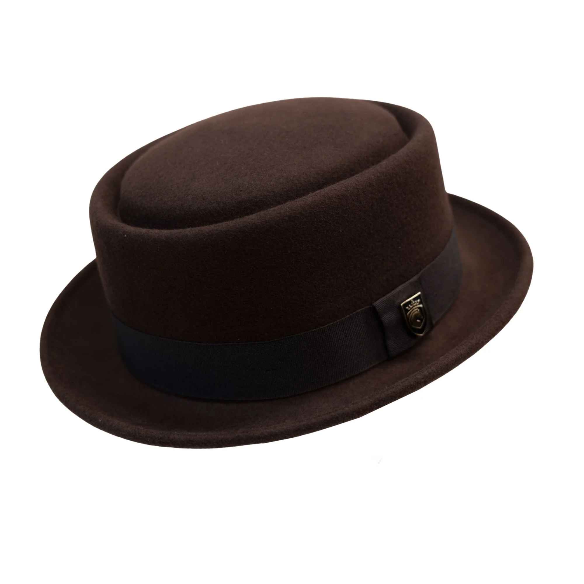 Front view of brown wool pork pie hat with flat crown and ribbon band