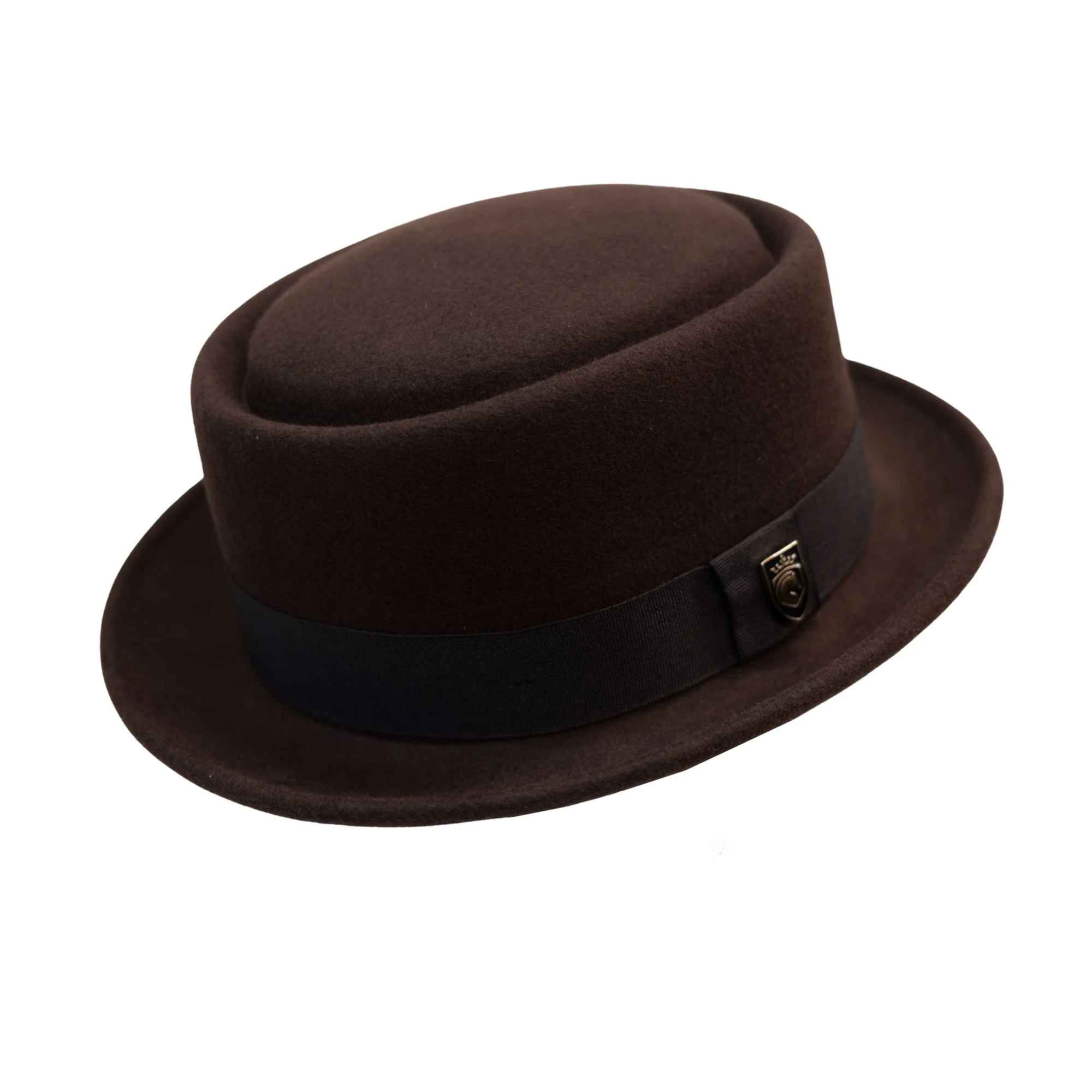  brown wool pork pie hat with flat crown and ribbon band