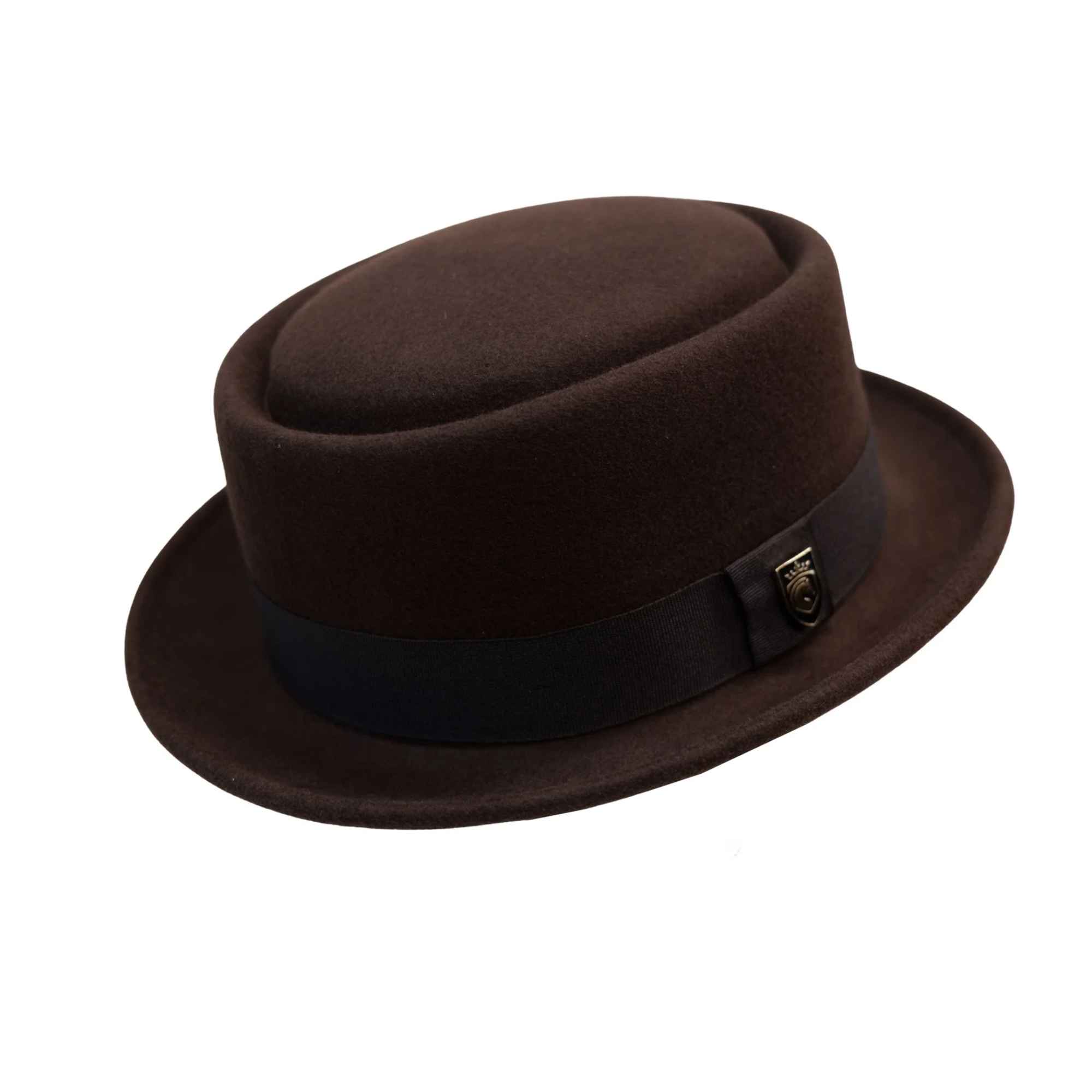 Front view of brown wool pork pie hat with flat crown and ribbon band