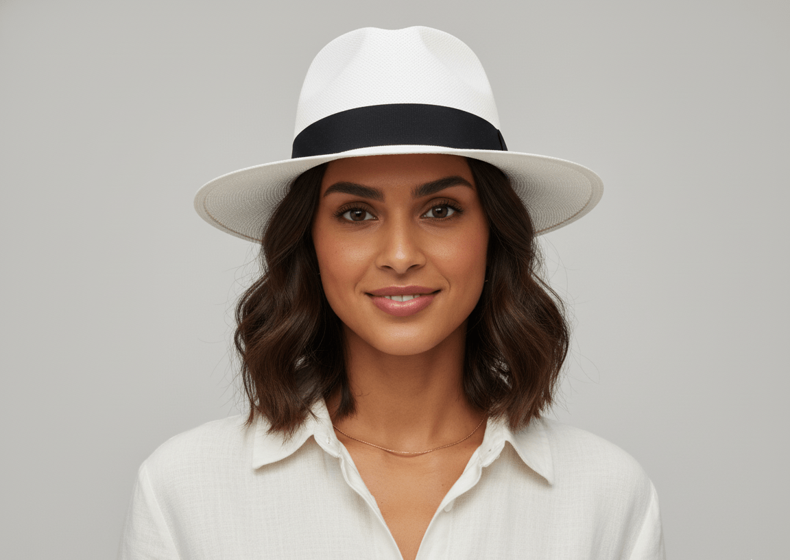 Genuine Ecuadorian Panama Fedora hat, handwoven from Paja Toquilla straw. Each hat features a black grosgrain ribbon and can be styled with a feather pin for added elegance.