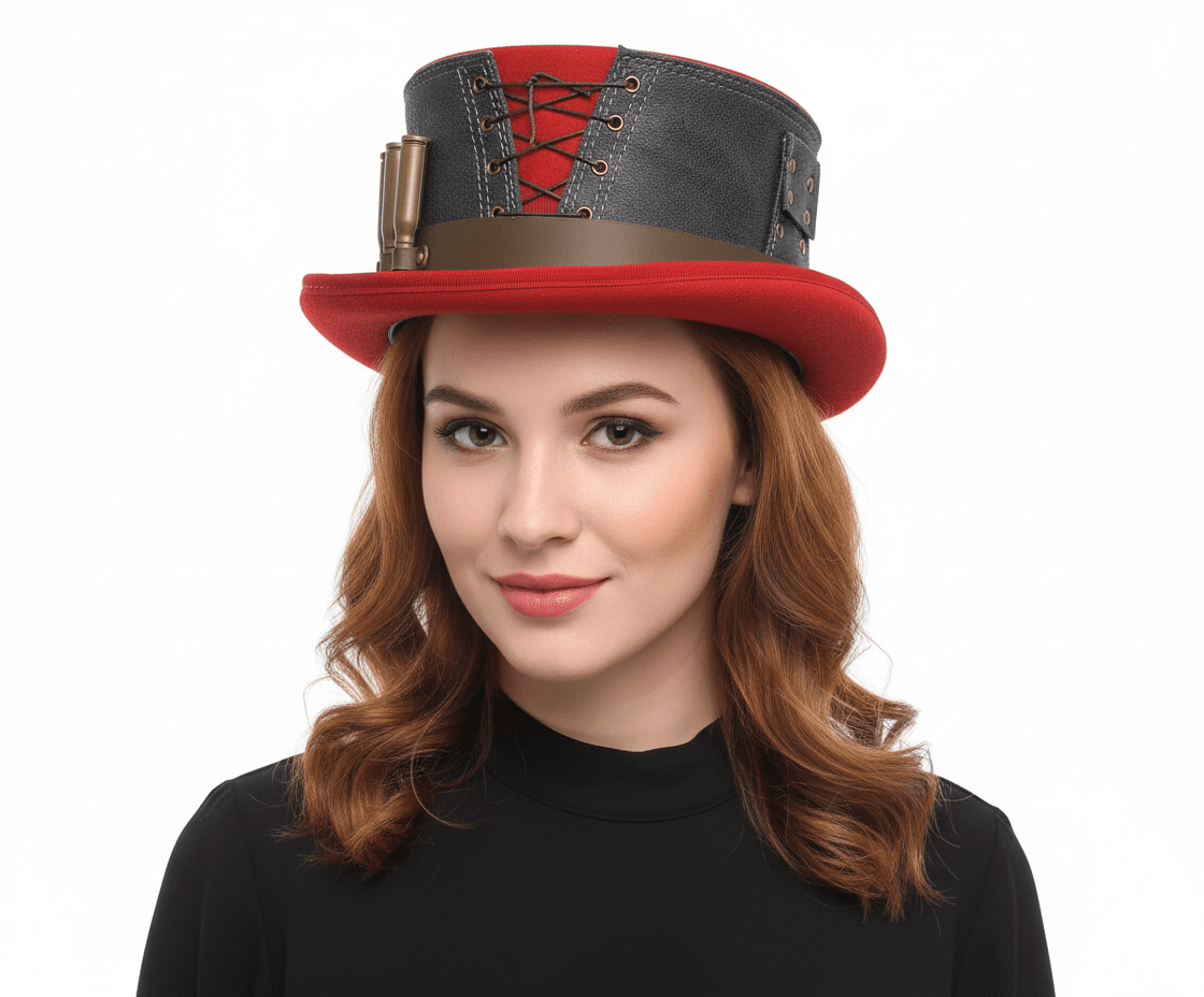 Red Leather Top Hat - Handmade Wool Classic Steampunk