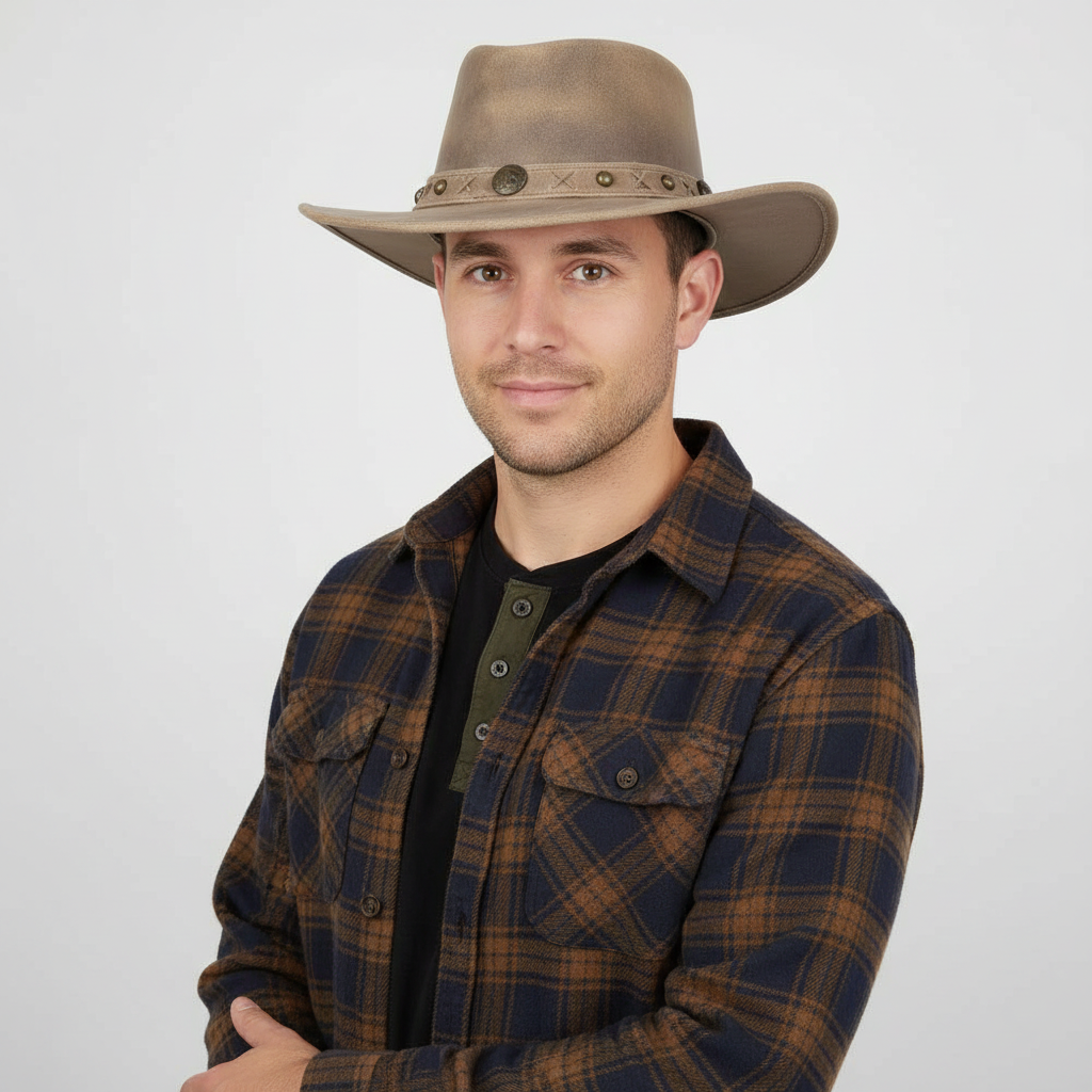 Genuine crazy leather Western hat in Tan, Camel, or Brown. Features 10cm crown, 7.5cm shapeable brim, and UPF 40+ protection. Complete with braided leather band, chin strap, and elastic headband. Sizes Small to XL. Authentic distressed leather outback design with vintage Western style.