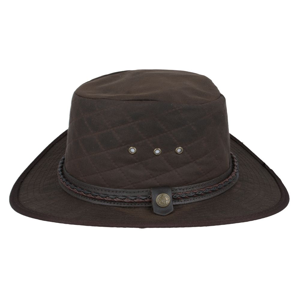 cowboy hat in quilted British waxed cotton with UPF 40+ protection. Features 10cm western crown and shapeable 7.5cm brim. Available in Black, Brown, and Olive, sizes 55-61cm. Complete with chin strap and ventilation. Combines authentic western style with British durability.