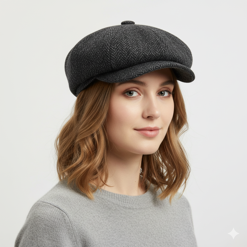 Harris Tweed Herringbone Newsboy Cap, crafted from 100% pure new wool, handwoven in Scotland’s Outer Hebrides. Features include a sewn-down brim, cotton lining, and a removable Gladwin Bond side pin. Available in sizes S-XL. Inspired by the iconic Peaky Blinders style.