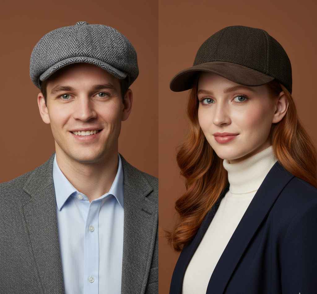 Harris Tweed flat cap and tweed baseball cap bundle front view by Novella Hats