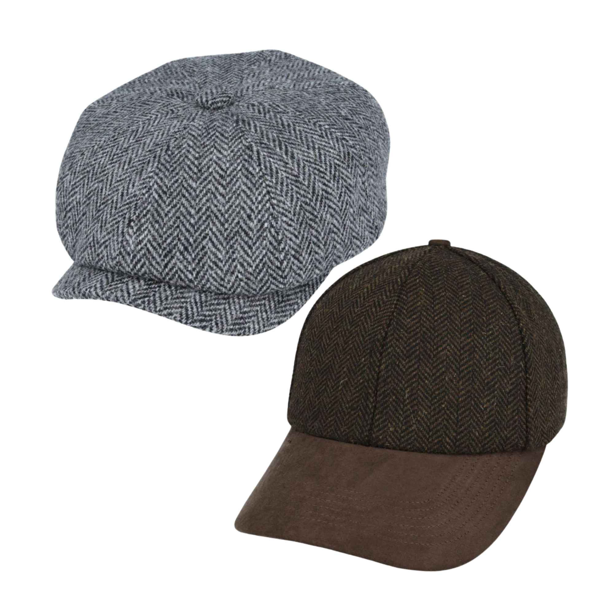 Harris Tweed flat cap and tweed baseball cap bundle front view by Novella Hats