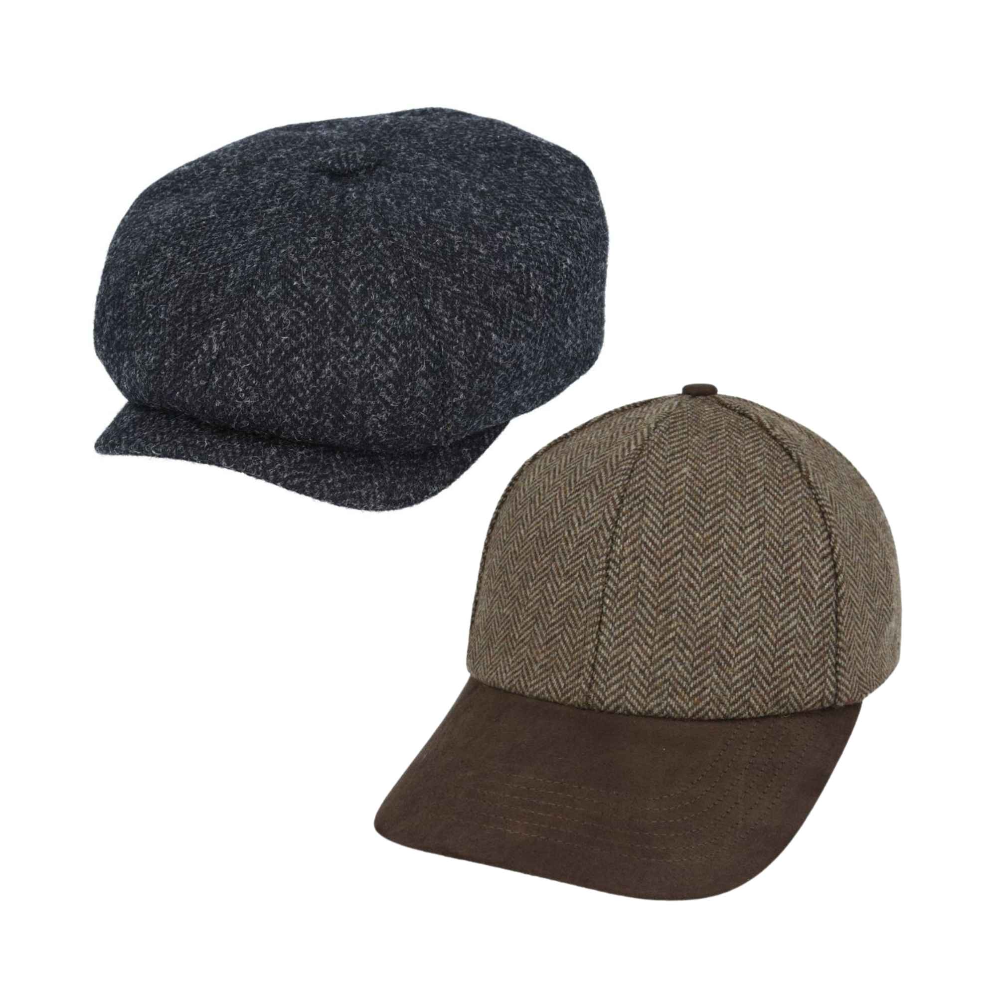 Harris Tweed flat cap and tweed baseball cap bundle front view by Novella Hats