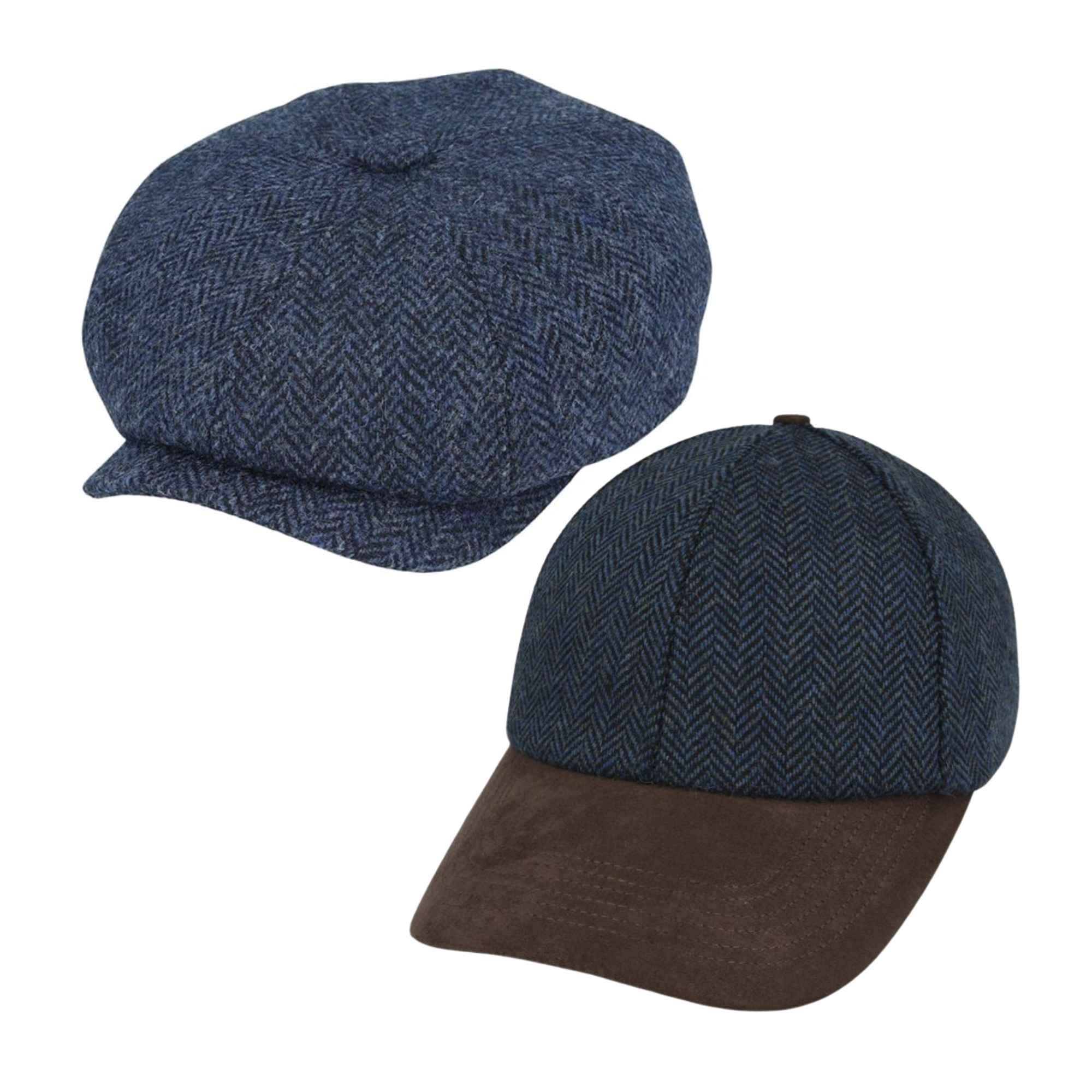 Harris Tweed flat cap and tweed baseball cap bundle front view by Novella Hats