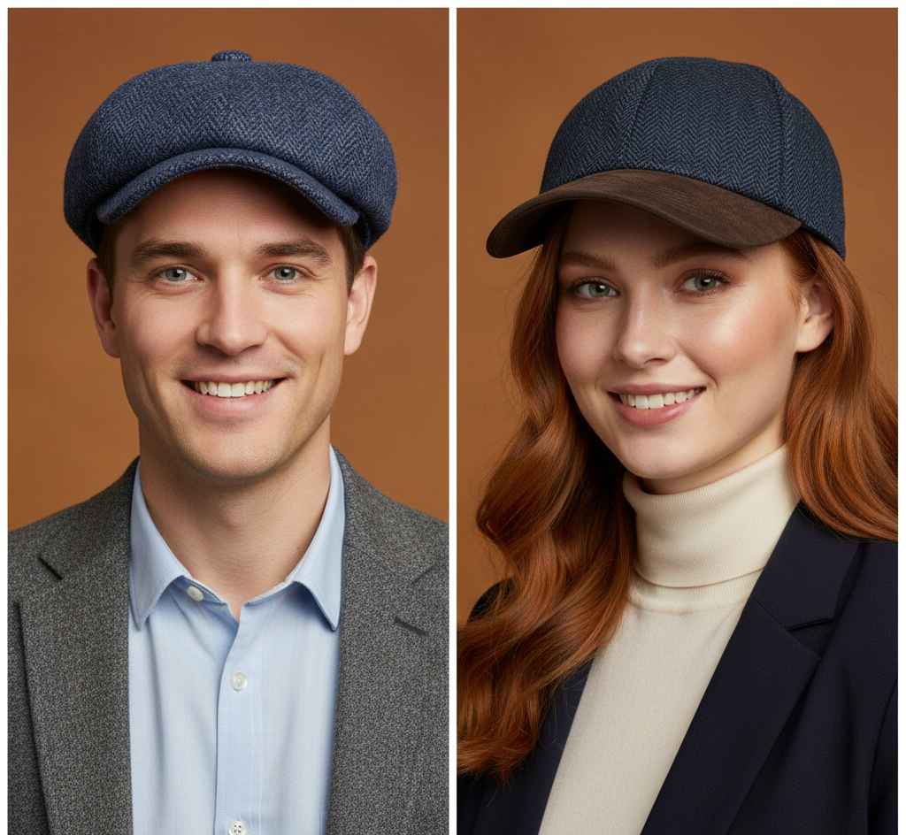 Harris Tweed flat cap and tweed baseball cap bundle front view by Novella Hats