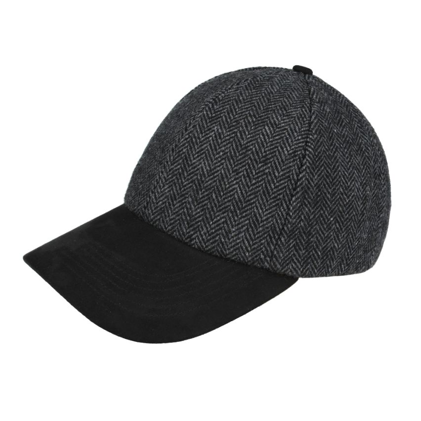 Front view of tweed baseball cap with suede peak by Novella Hats