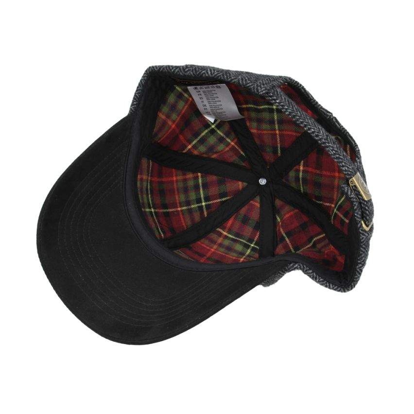 Front view of tweed baseball cap with suede peak by Novella Hats