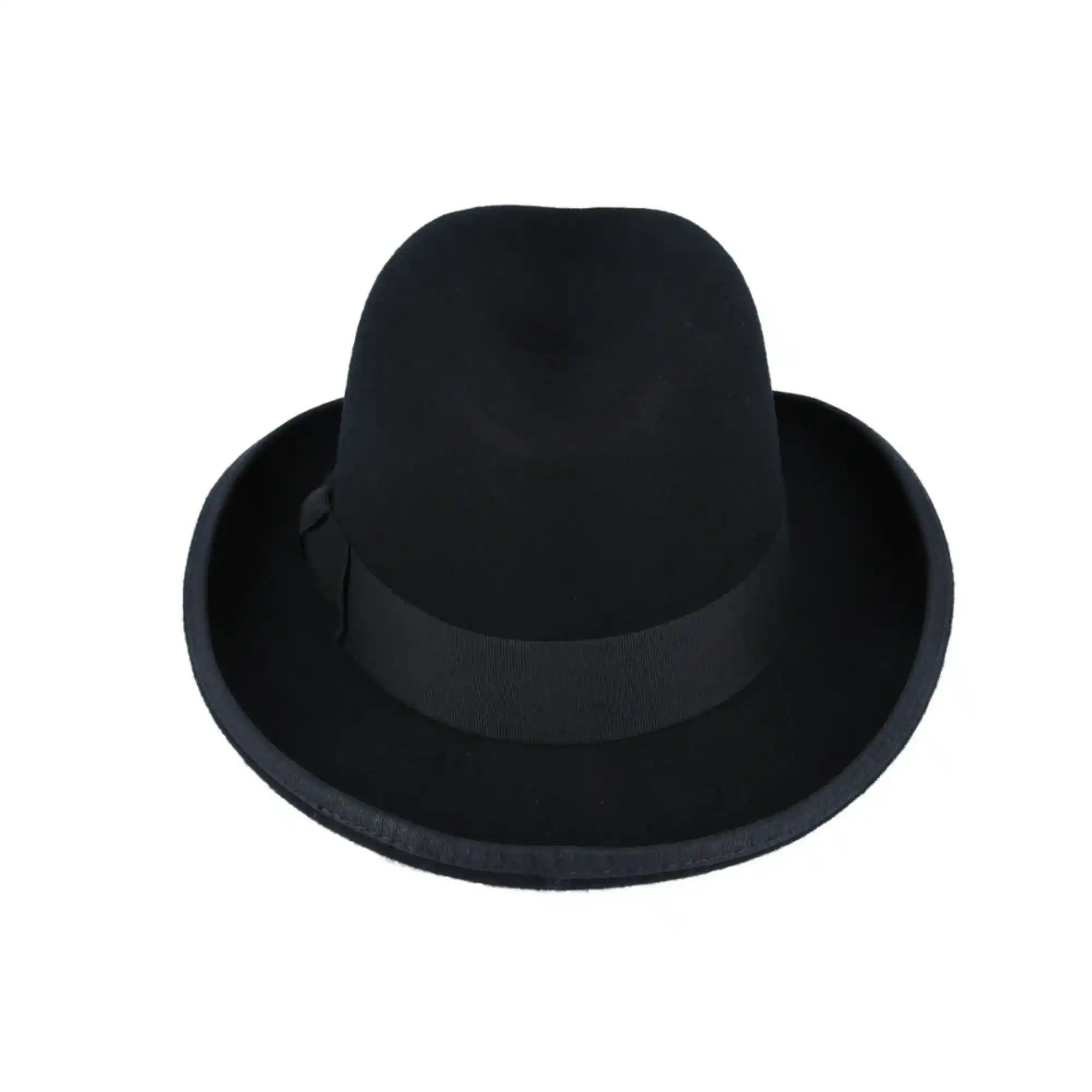 Front view of black wool Homburg Churchill hat by Novella Hats